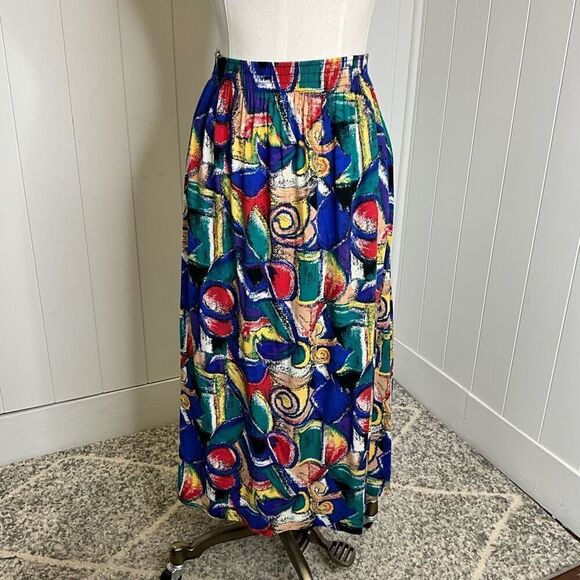 Radcliffe Women Medium Retro Midi Skirt Colorful Geo Print Pockets Elastic Waist - Picture 1 of 9